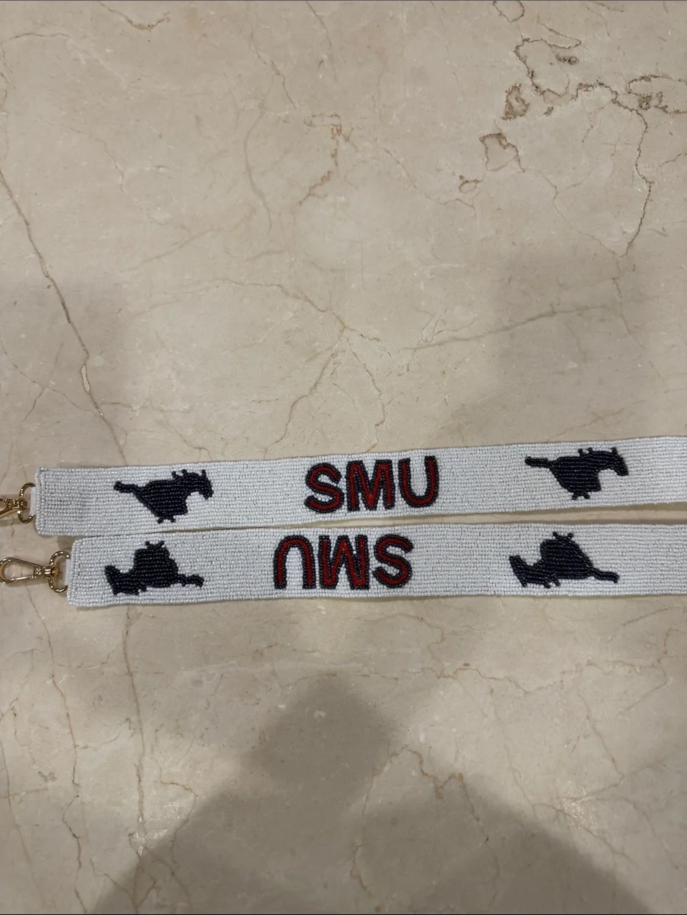 Beaded SMU Key Fob in White with Navy & Red Accents